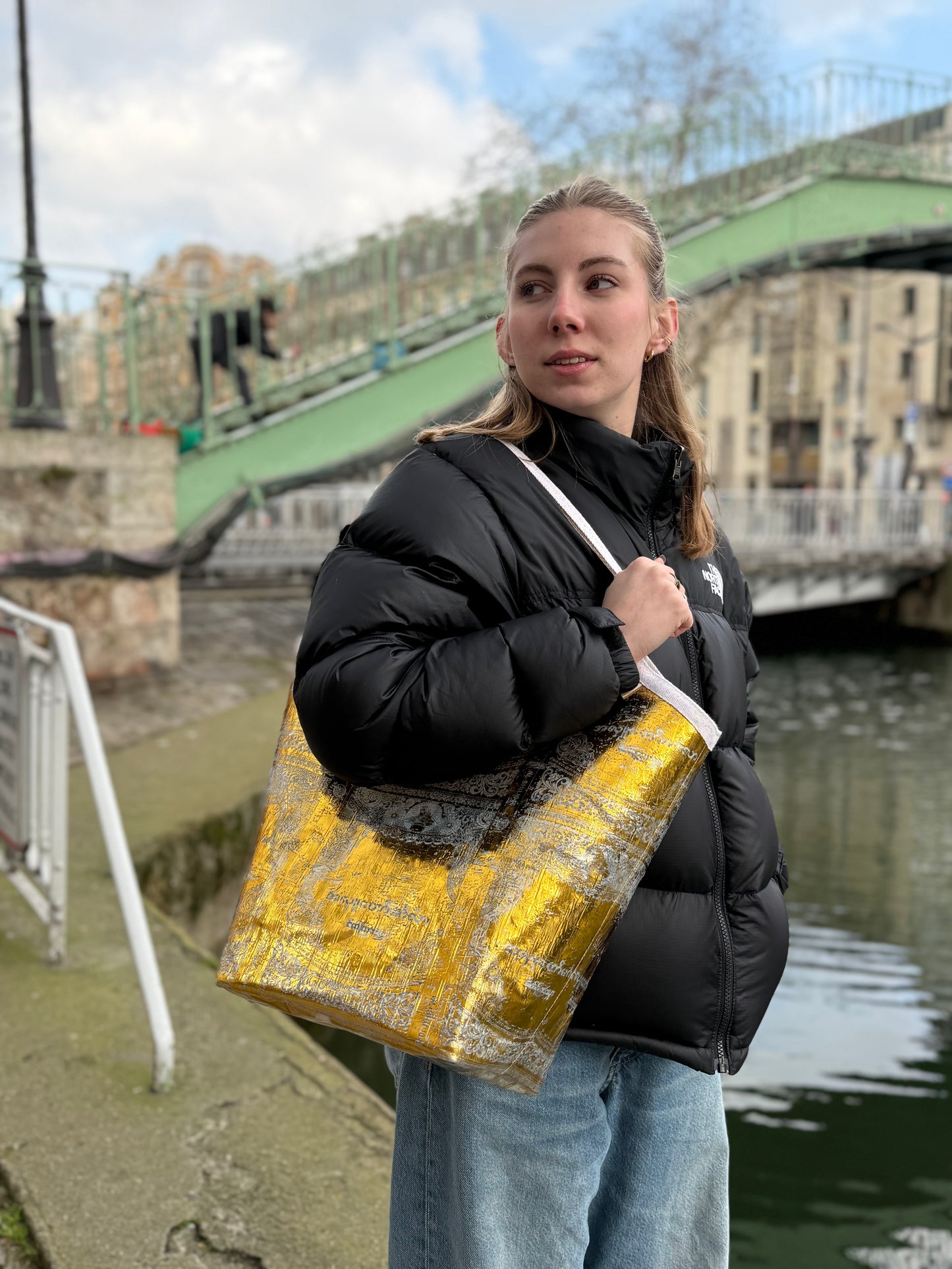 Golden tote bag made from recycled plastic