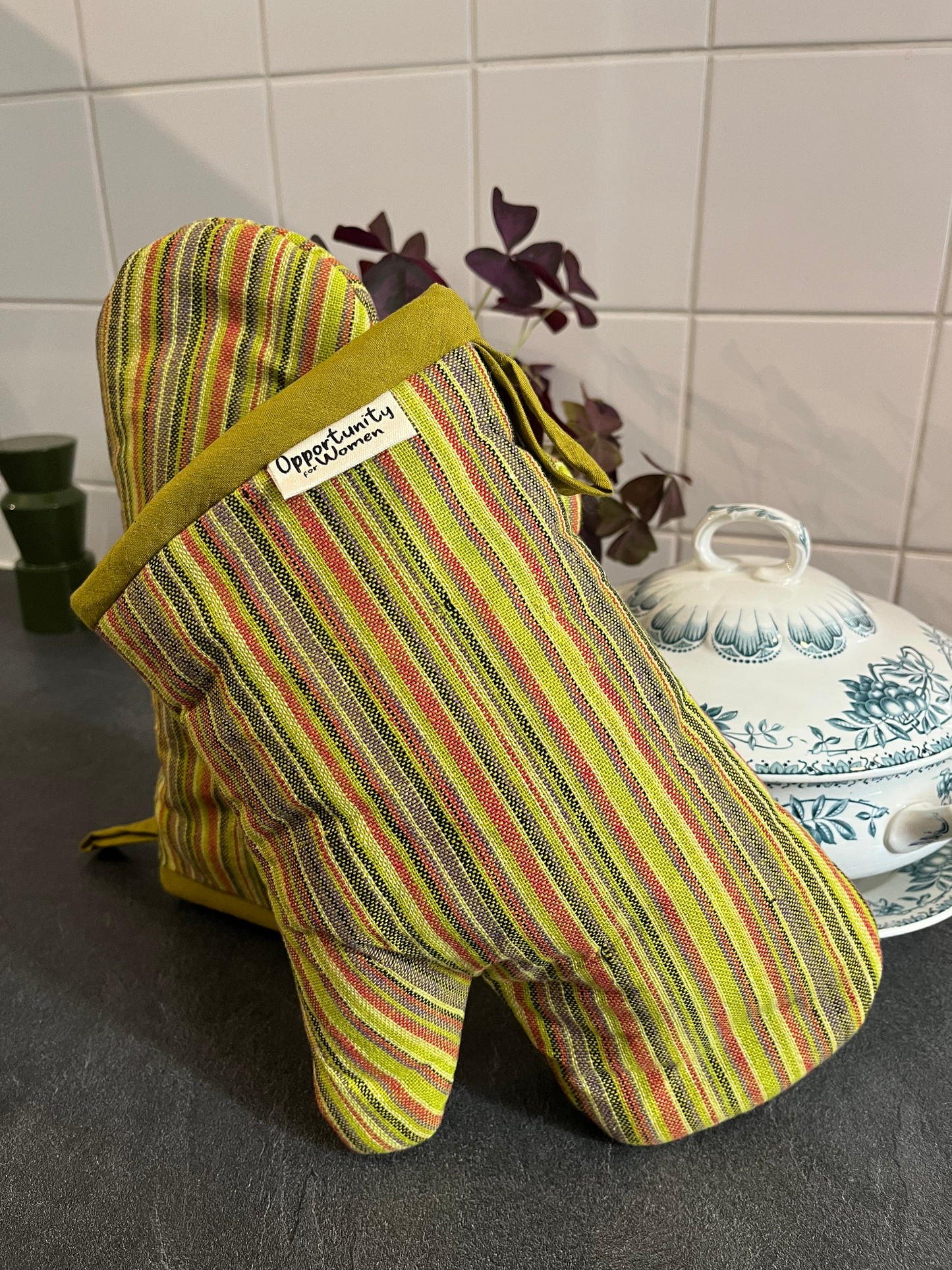 Green oven mitts with multicolored stripes